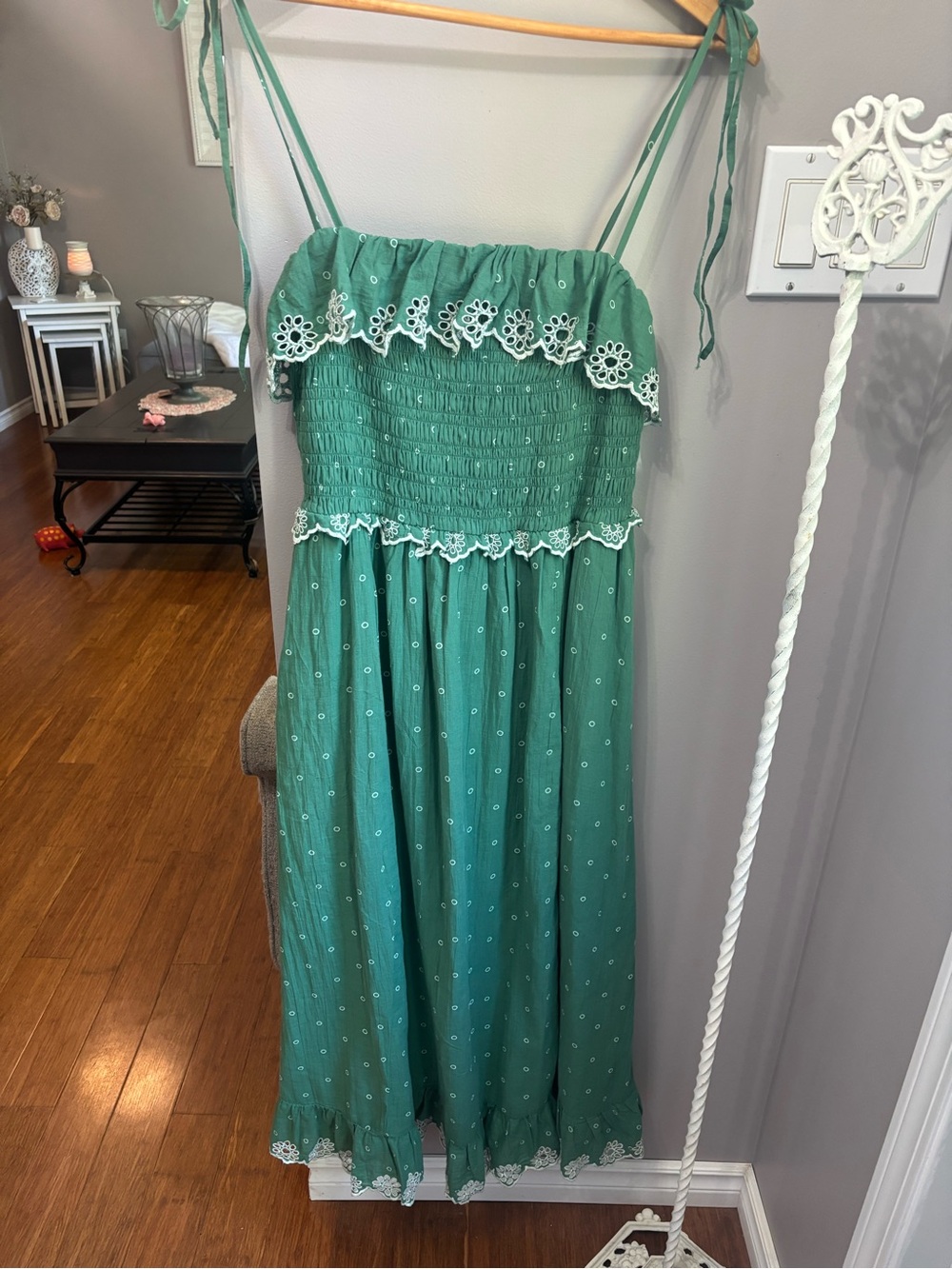 American Eagle Green Smocked Midi Dress with Lace Trim - Picture 4 of 8